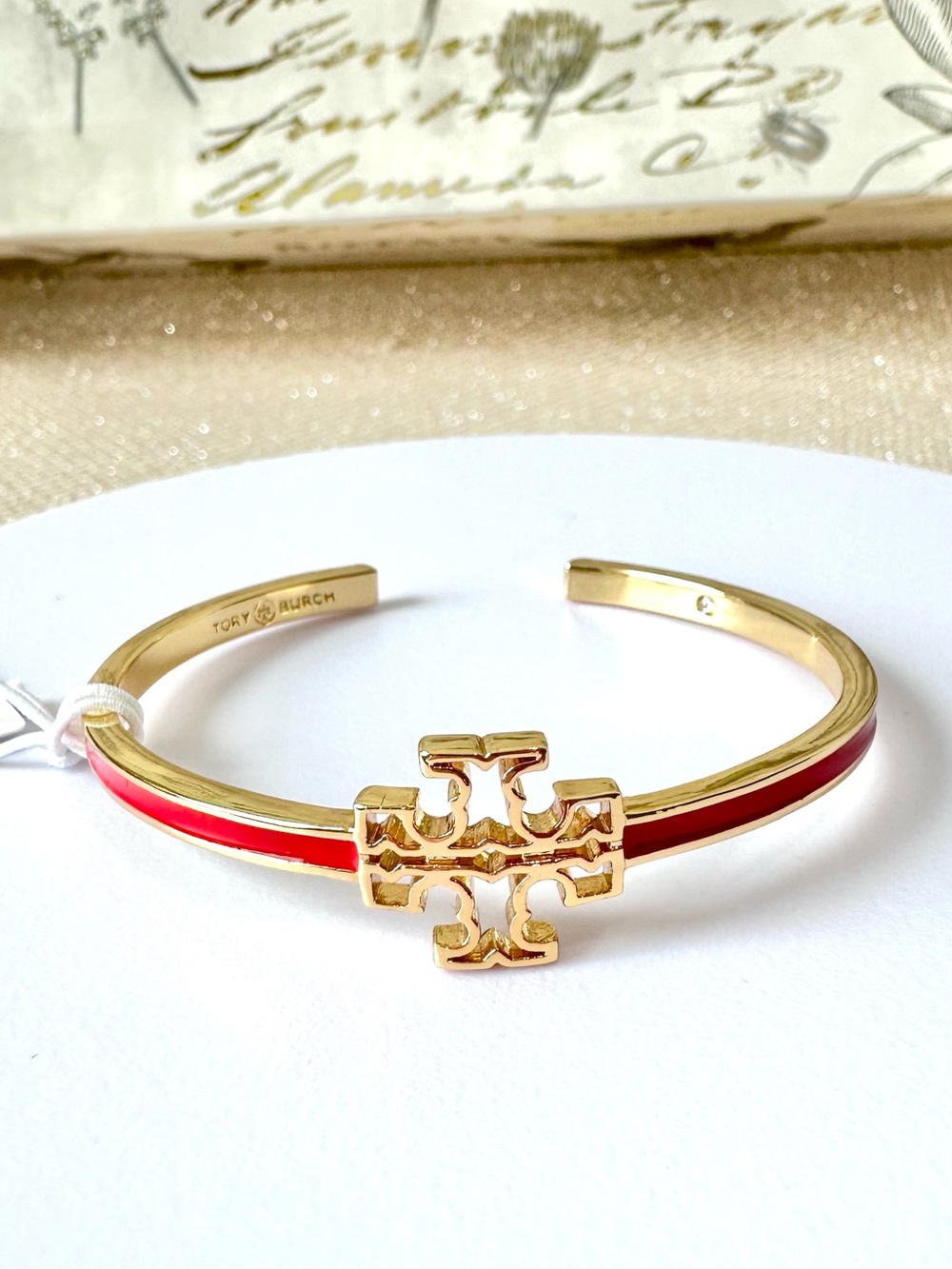 Tory Burch Kira Gold Logo Red Enamel Thin Cuff Bracelet